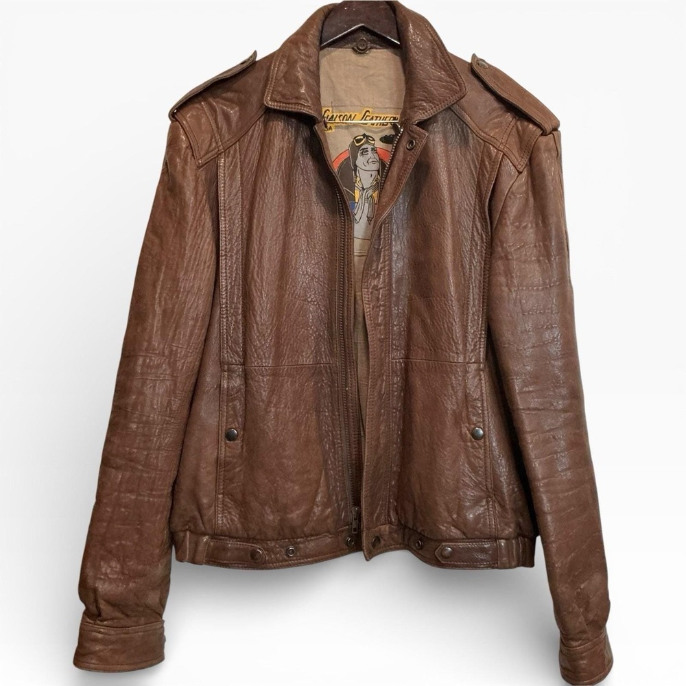 Liaison VTG Leatherwear USA Brown‎ Soft Leather Aviator Bomber Jacket 44 L